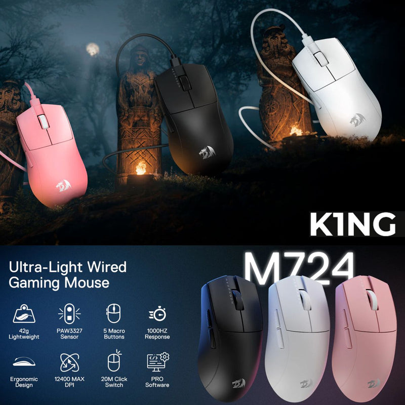 Mouse Gamer Ultraliviano 42g Redragon M724 K1ng 12400dpi Pnk