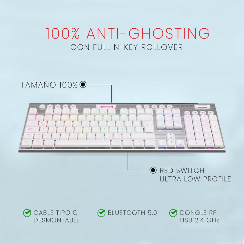 Teclado Gamer Inalámbrico Redragon K618w Rgb Horus, Esp, Red