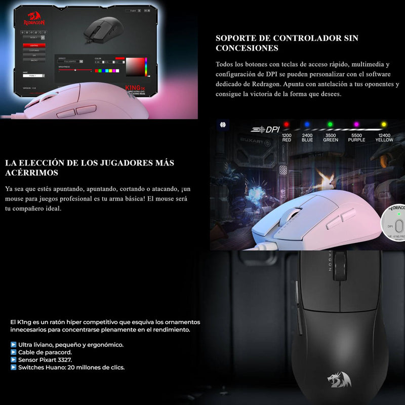 Mouse Gamer Ultraliviano 42g Redragon M724 K1ng 12400dpi Pnk