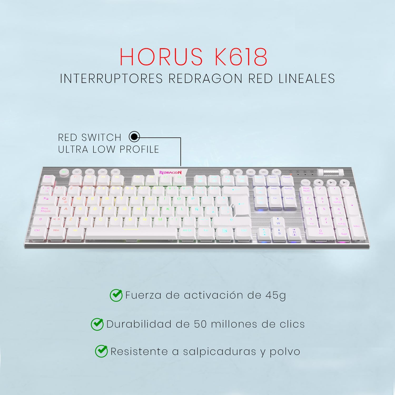 Teclado Gamer Inalámbrico Redragon K618w Rgb Horus, Esp, Red