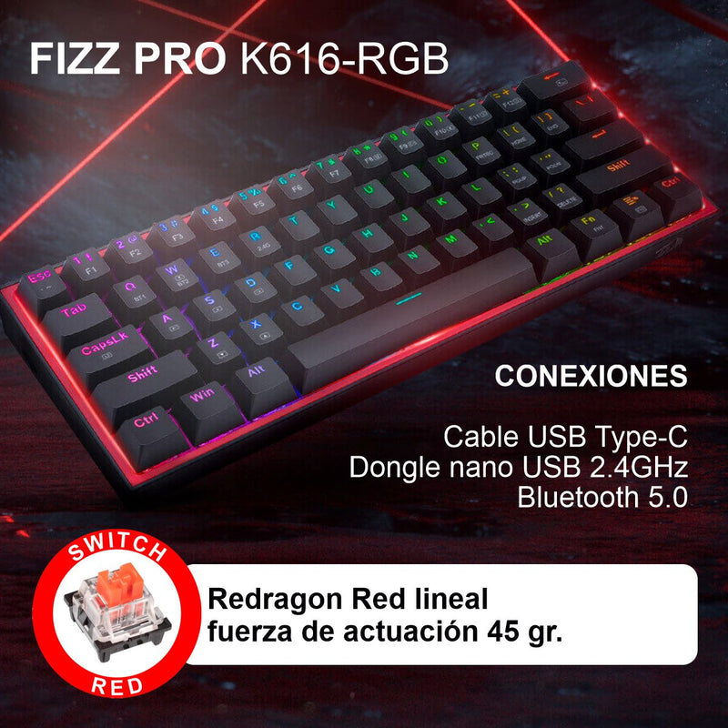 Teclado Gamer Mecánico Inalámbrico Redragon K616rgb Fizz Pro