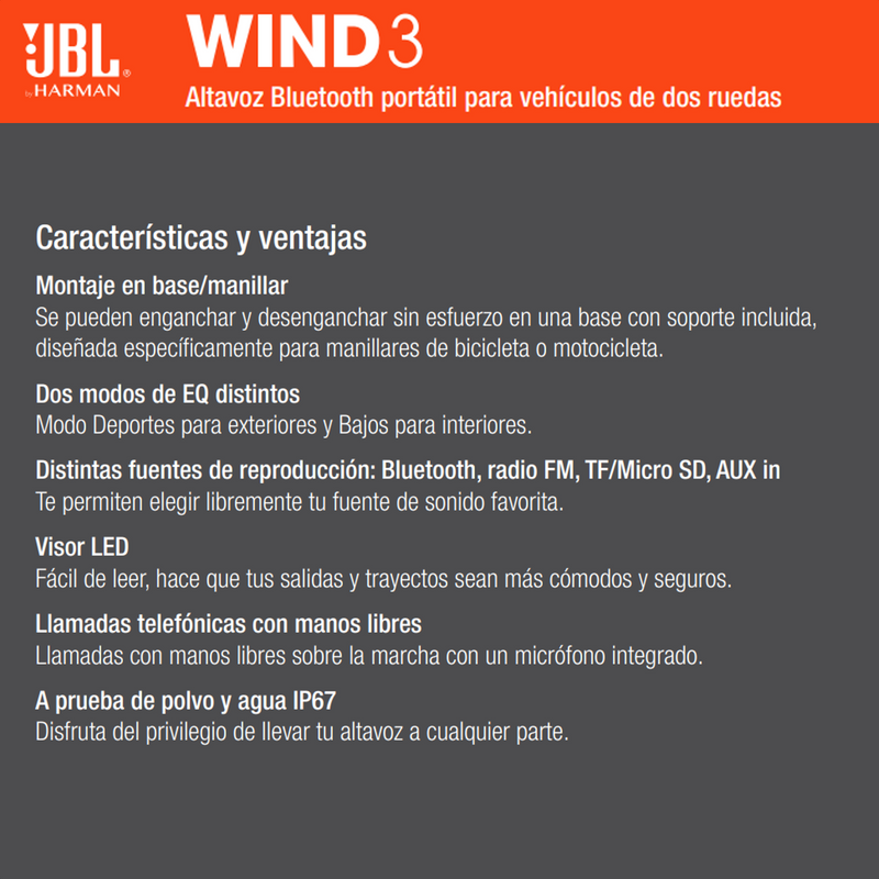 Altavoz Portátil Bluetooth JBL Wind 3 para Bicicleta/Motocicleta a Prueba de Agua y Polvo IP67