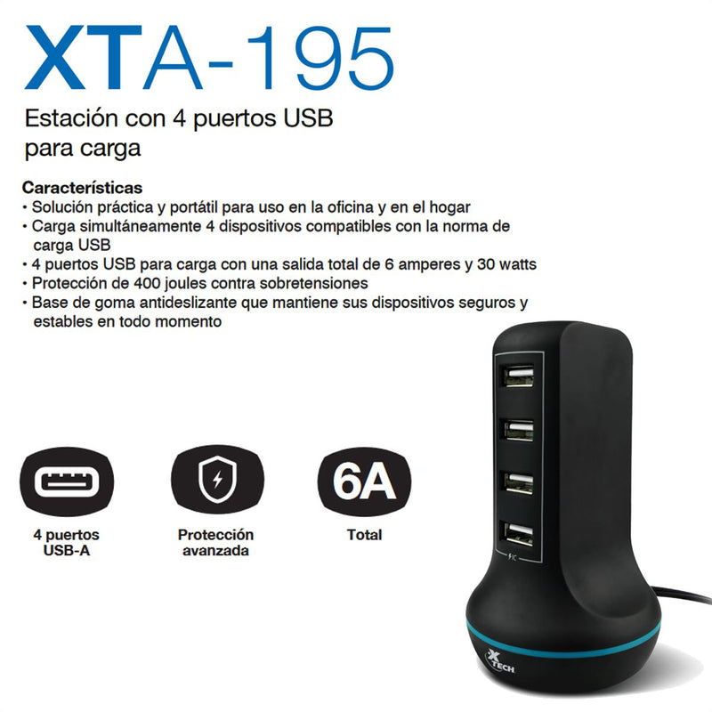 Estación De Carga Usb 3.0 De 4 Puertos 30w, Xtech Xta-195