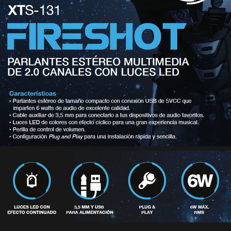 Parlantes 3.5mm Rgb Estéreo 2.0 6w Xtech Xts131 Fireshot