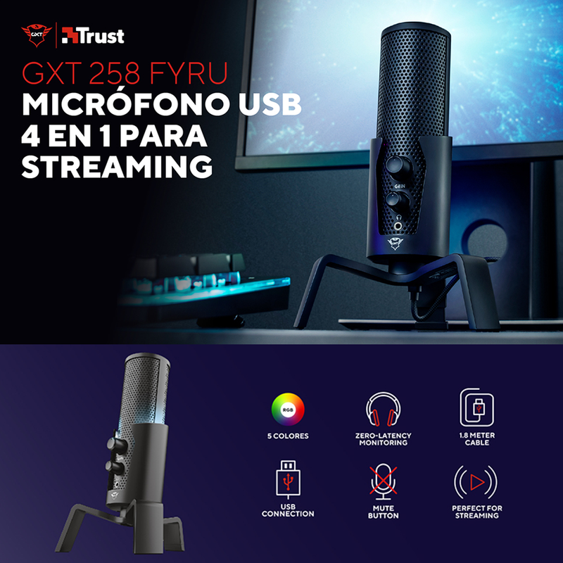 Micrófono Usb Streaming 4-en-1 Trust Gxt 258 Fyru, Iluminado