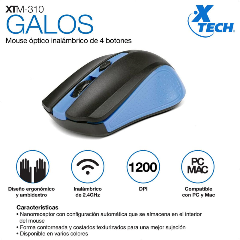 Mouse Óptico Inalámbrico Xtech Xtm-310bl Galos, 4 Botones