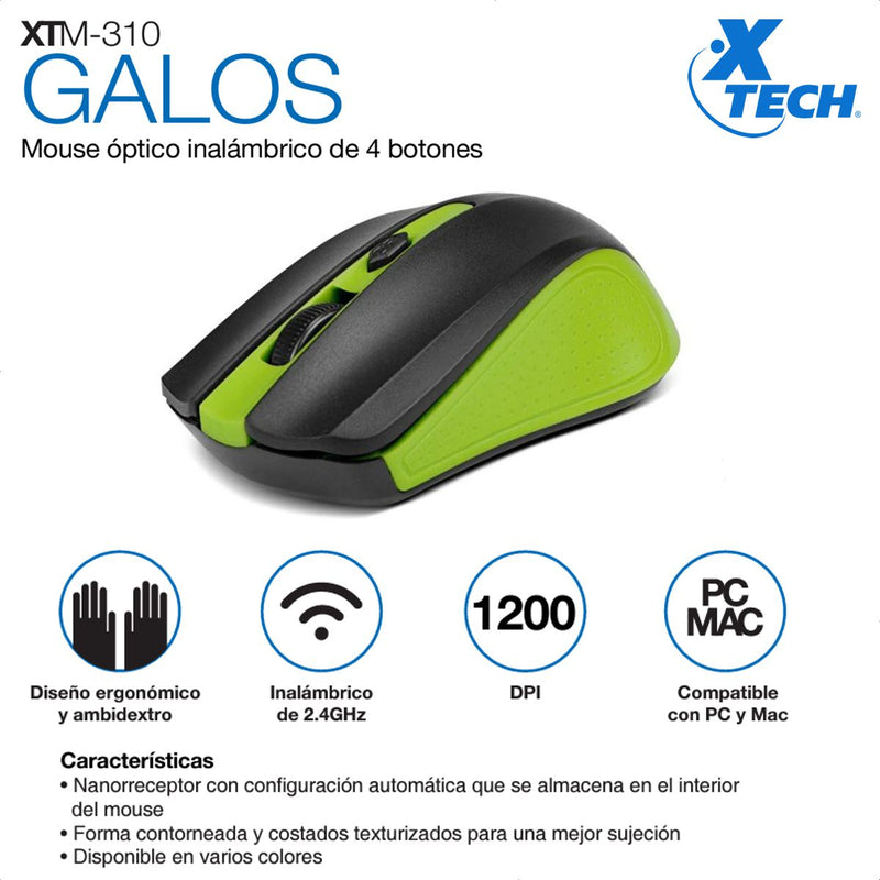 Mouse Óptico Inalámbrico Xtech Xtm-310gn Galos, 4 Botones