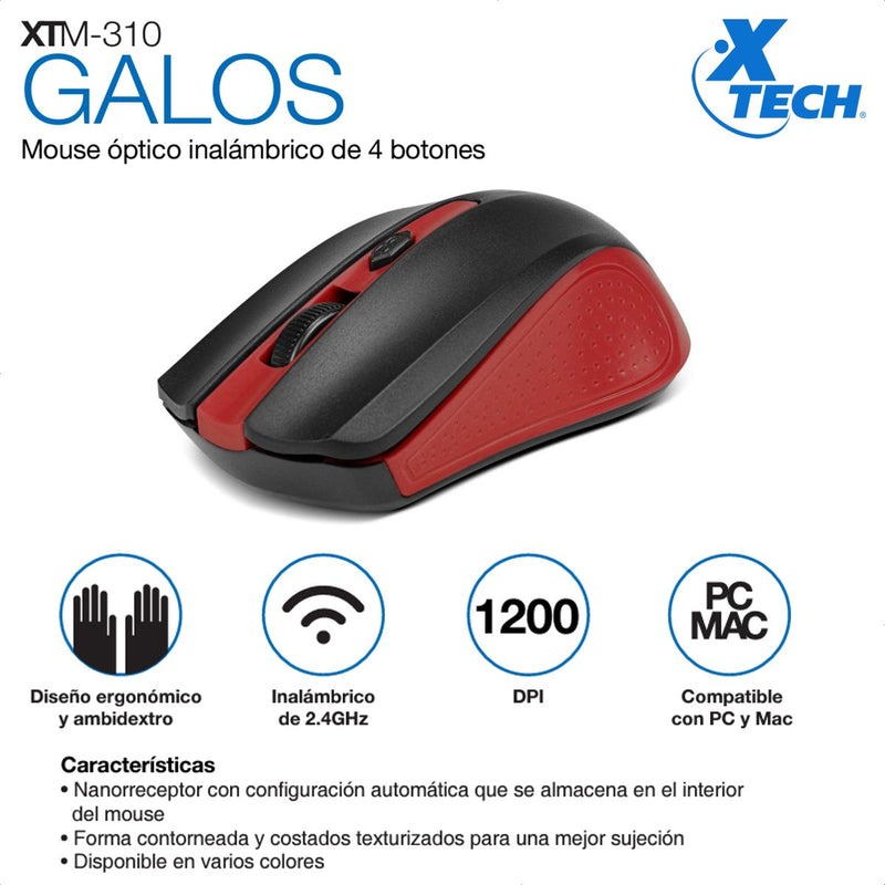 Mouse Óptico Inalámbrico Xtech Xtm-310rd Galos, 4 Botones