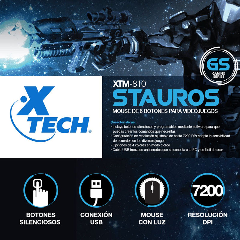 Mouse Gamer Xtech Xtm-810, Programable / 6 Botones / 7200dpi