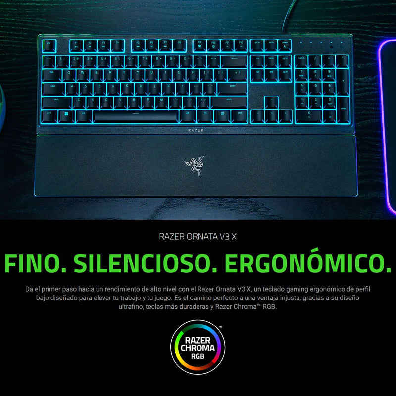 Razer Teclado Ornata V3 X RGB gaming con teclas low-profile, silencioso, reposamuñecas ergonómico y resistente En Español