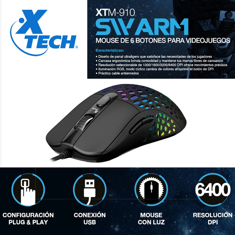 Mouse Gamer Xtech Xtm-910 Swarm, Rgb Con 6 Botones, 6400dpi