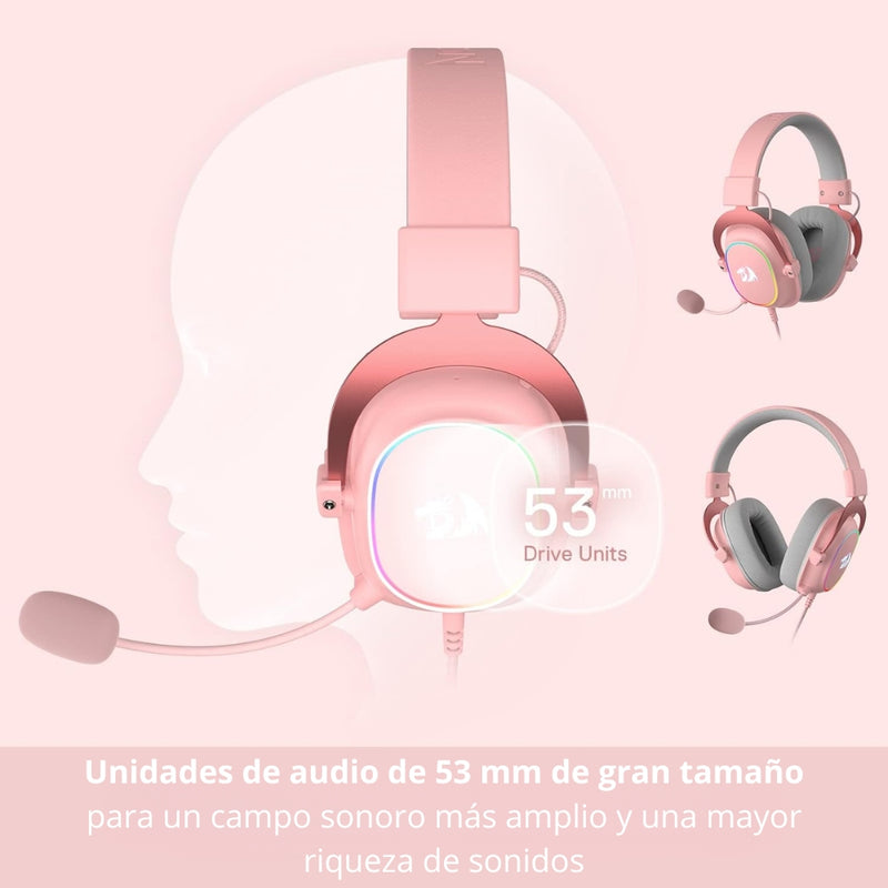 Diadema Gamer Redragon Zeus X con Cable, Controlador de Audio, Rosa