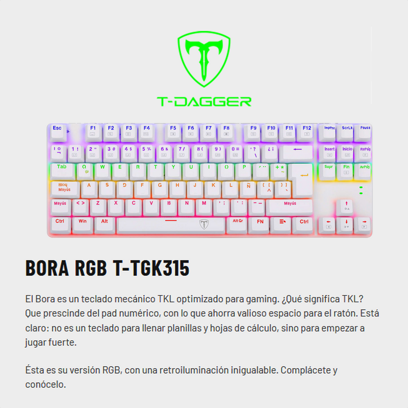 Teclado Gamer Mecánico Tkl T-dagger T-tgk315w Bora Rgb, Blue