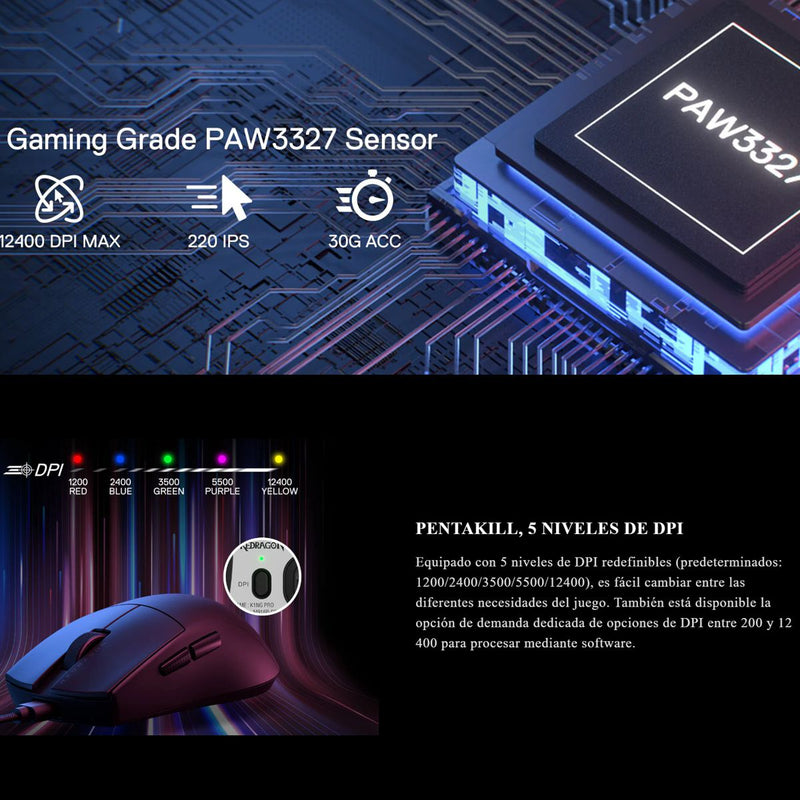 Mouse Gamer Ultraliviano 42g Redragon M724 K1ng 12400dpi Blk