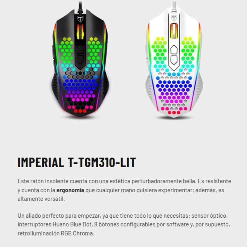 Mouse Gamer T-dagger Imperial Lite, Iluminacion Rgb, 8 Botones Programables, 7200 Dpi Blanco