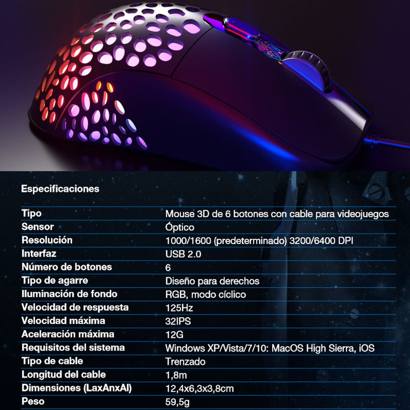 Mouse Gamer Xtech Xtm-910 Swarm, Rgb Con 6 Botones, 6400dpi