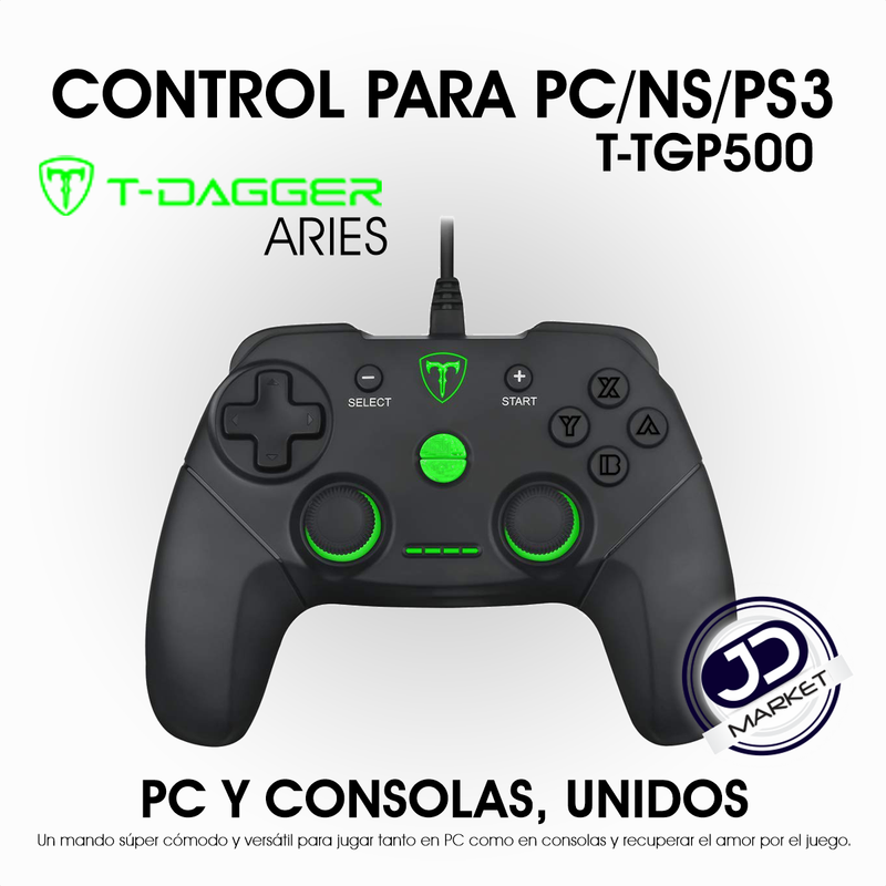 Control Gamepad USB T-Dagger Aries T-TGP500 para PC PS3 Nintendo Switch con Vibración