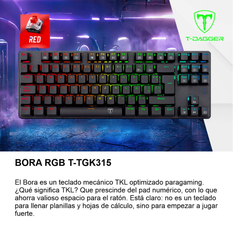 Teclado Gamer Mecanico T-dagger Bora Lite Rainbow con Switch Red, Gris
