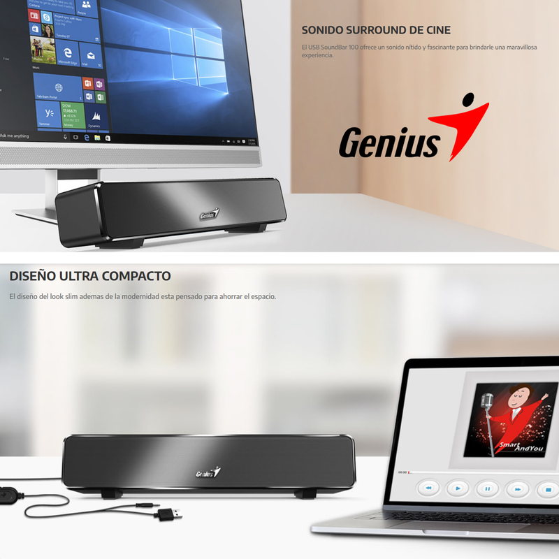 Parlante Genius Usb Soundbar 100, Barra Sonido Pc / Portátil