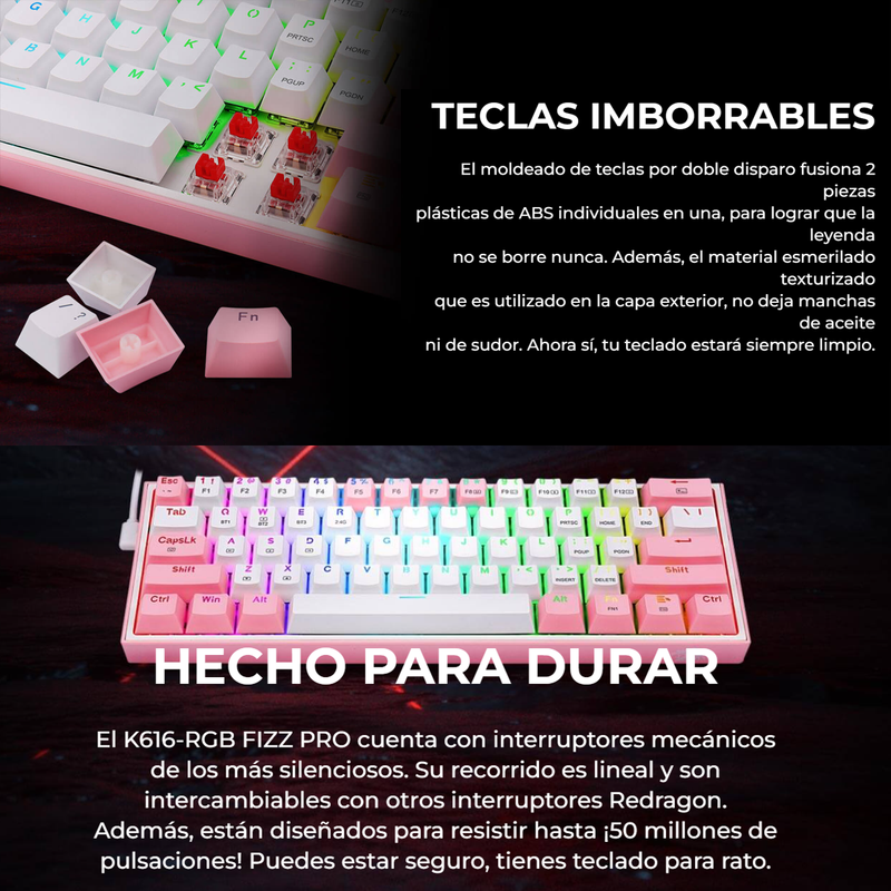 Teclado Gamer Mecánico Wireless Redragon K616rgb-pw Fizz Pro