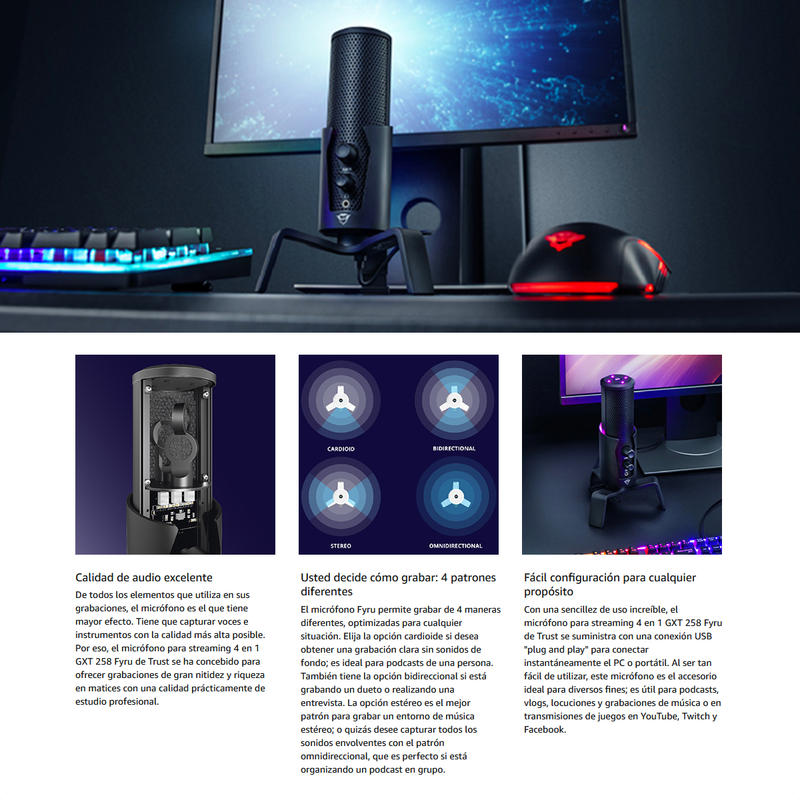 Micrófono Usb Streaming 4-en-1 Trust Gxt 258 Fyru, Iluminado