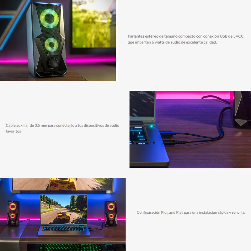 Parlantes 3.5mm Rgb Estéreo 2.0 6w Xtech Xts131 Fireshot