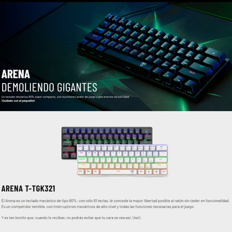 Teclado Gamer Mecanico T-dagger Arena Lite 60% Compacto, Iluminación Raimbow, Negro