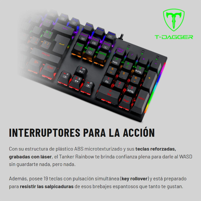 Teclado Gamer Mecanico T-dagger Naxos Rainbow con Switch Red, Negro/Gris