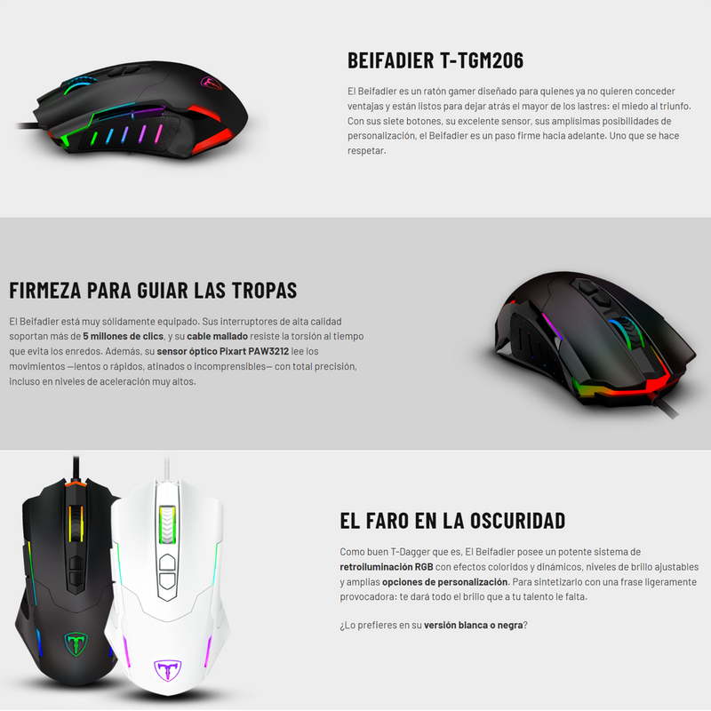 Mouse Gamer T-dagger T-tgm206w Beifadier Rgb 7200dpi Macros