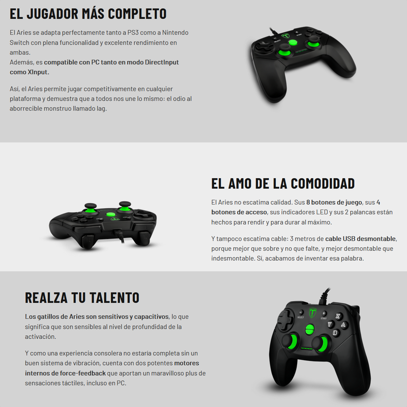 Control Gamepad USB T-Dagger Aries T-TGP500 para PC PS3 Nintendo Switch con Vibración