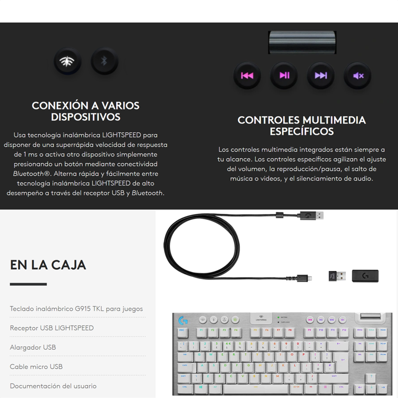 Teclado Gamer Mecánico Inalámbrico Logitech G915 Tkl Blanco
