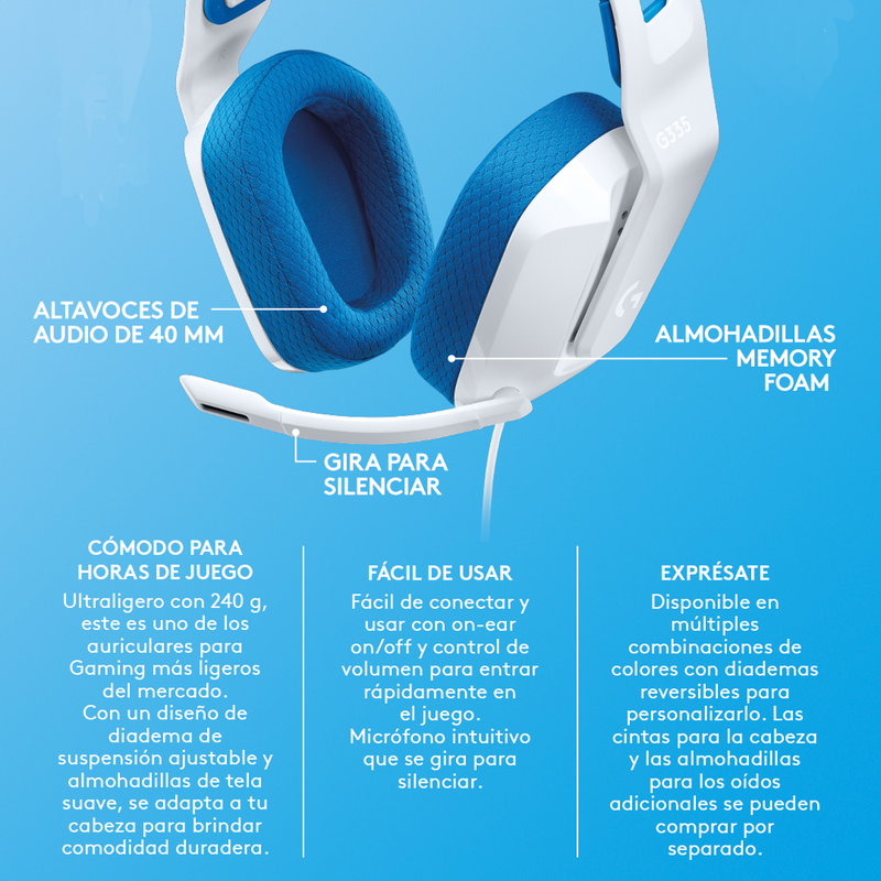 Diadema Gamer Logitech G335, Color Confort, Pc Ps5 Xbox, Wht
