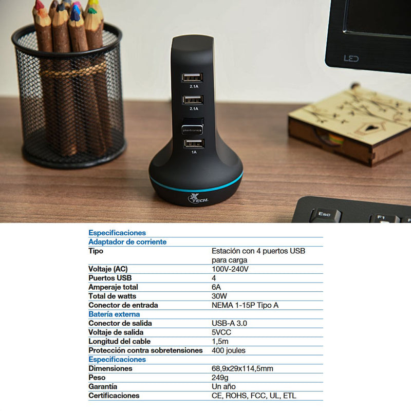 Estación De Carga Usb 3.0 De 4 Puertos 30w, Xtech Xta-195