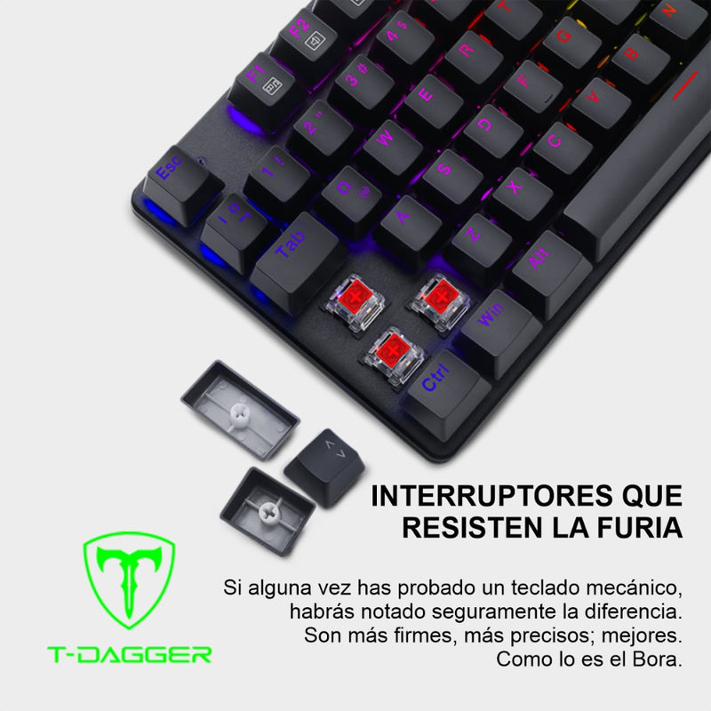 Teclado Gamer Mecanico T-dagger Bora Lite Rainbow con Switch Red, Gris