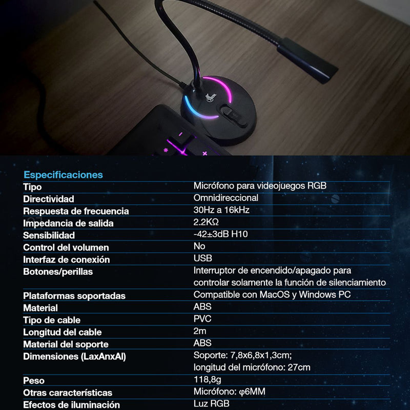 Micrófono Usb Gamer Xtech Xts-680, Luces Rgb Omnidireccional