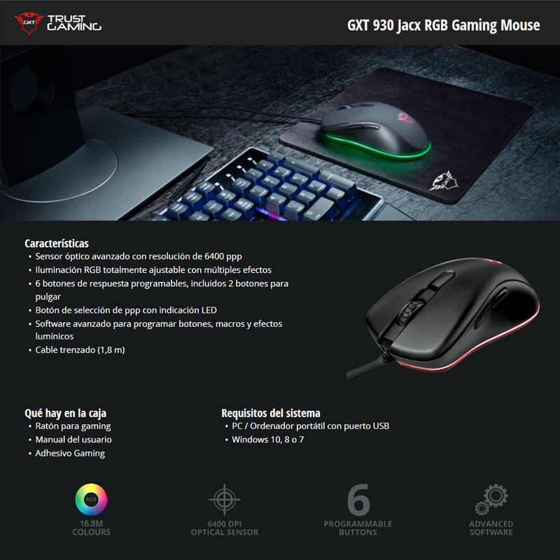 Mouse Gamer Rgb Trust Gxt 930 Jacx, 200~6400 Dpi / 6 Botones