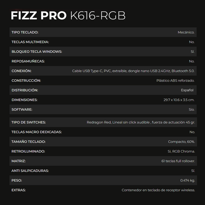 Teclado Gamer Mecánico Inalámbrico Redragon K616rgb Fizz Pro