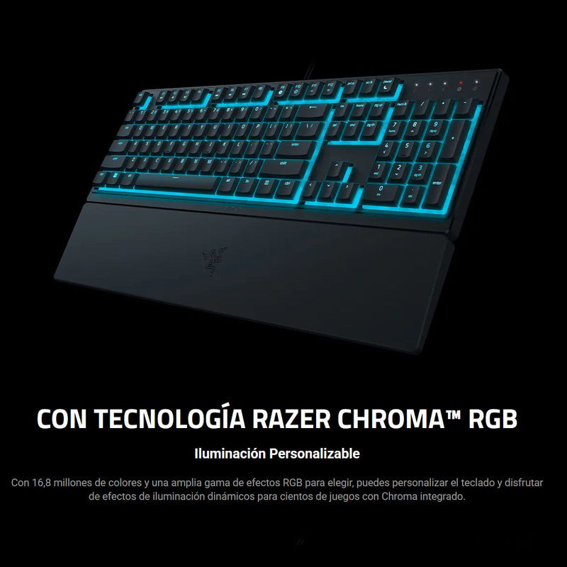 Razer Teclado Ornata V3 X RGB gaming con teclas low-profile, silencioso, reposamuñecas ergonómico y resistente En Español