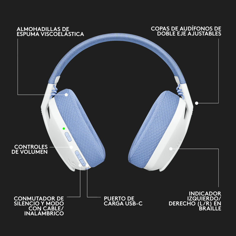 Diadema Gamer Inalámbrica + Bt, Logitech G435, Pc Ps4, Blanca