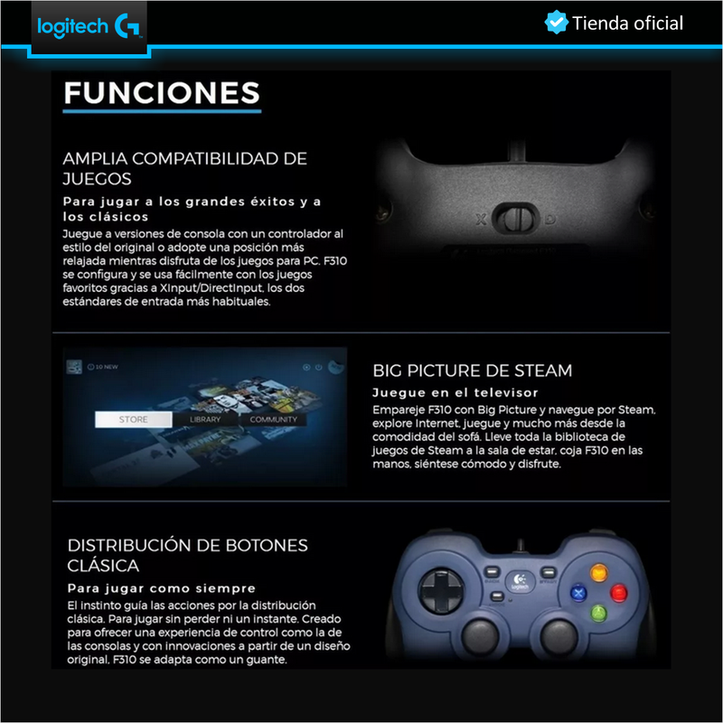 Gamepad USB Logitech F310 Programable para PC y Android TV